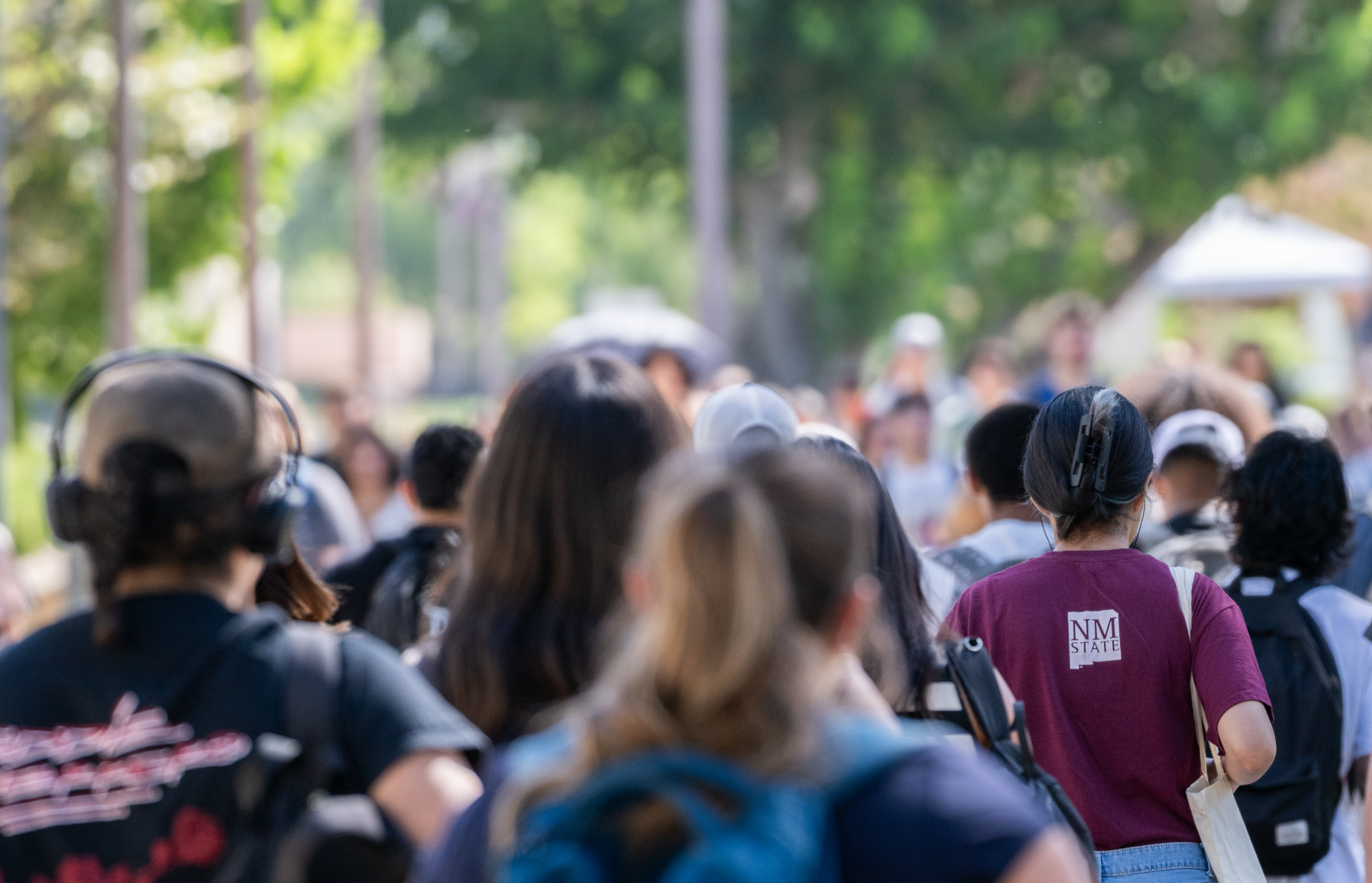 Crowd of students walking outdoors on a campus walkway.
