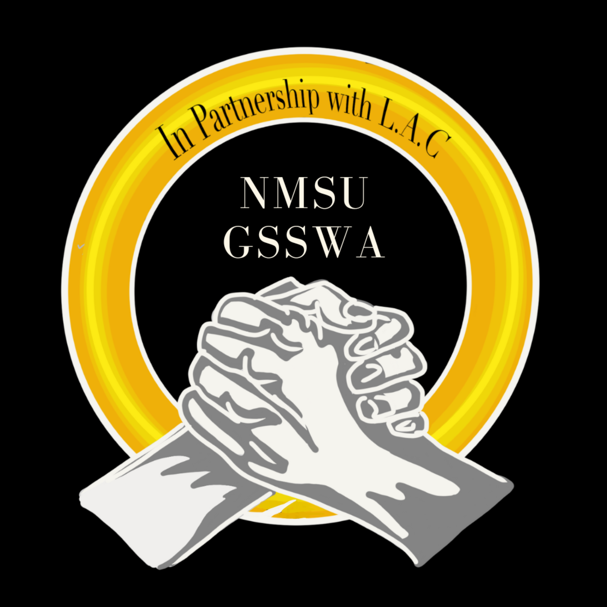 Logo for NMSU GSSWA with the text “In Partnership with L.A.C” above a handshake icon.